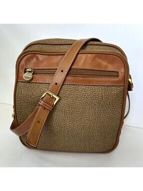 Vintage Borbonese Crossbody Bag Suede Leather Brown Tan Quail Pattern Italy